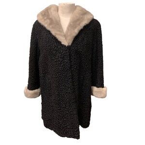 Vintage black Astrakhan grey real fur collar coat 3/4 length sleeve, size 12